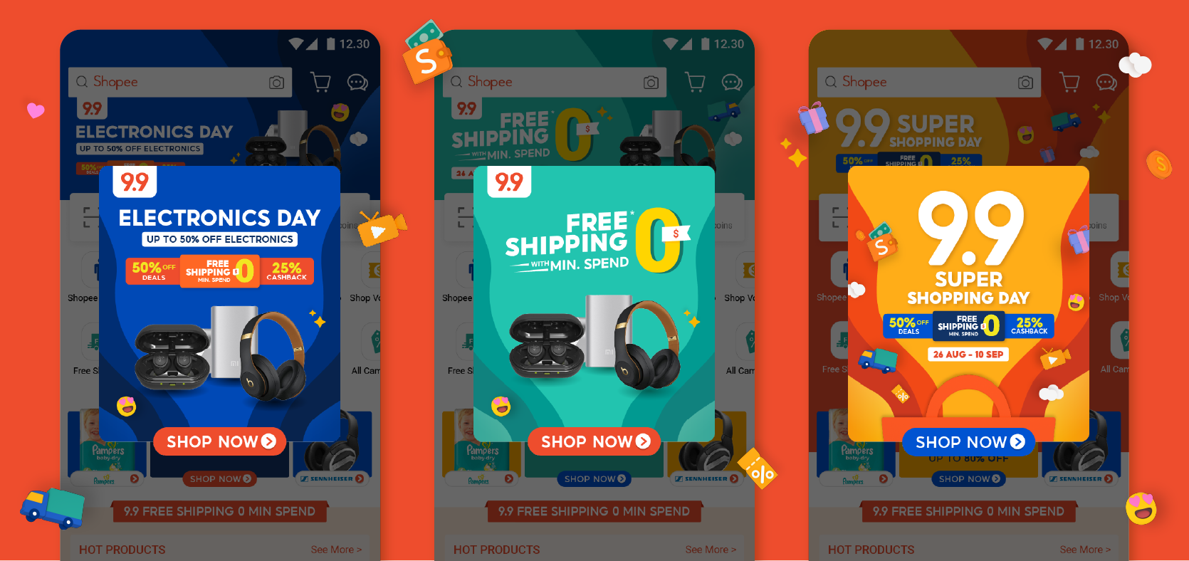 Campaign 9.9 app skins — Electronics Day, Free Shipping, Super Shopping Day